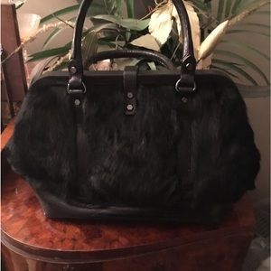 NWT Vince Camuto black embossed leather and fur “Liz” satchel w/ dust bag